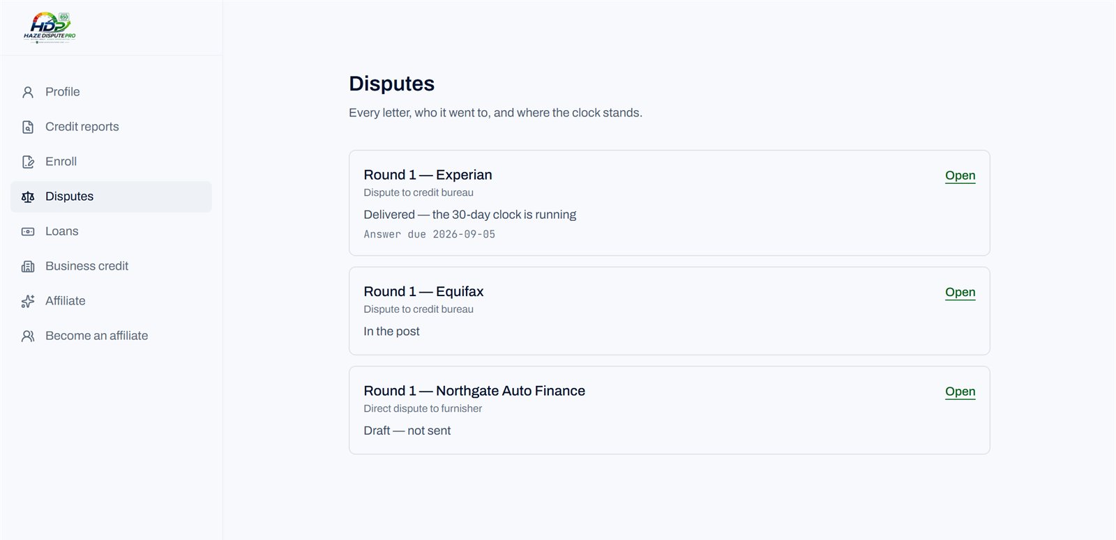 The disputes list showing three rounds: one delivered with the thirty-day clock running and an answer-due date, one in the post, and one still a draft.
